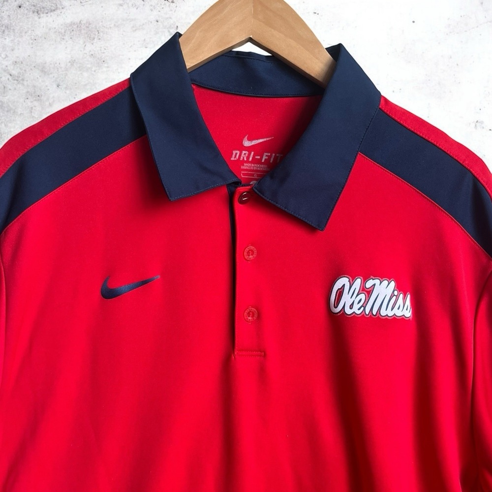 Nike Ole Miss Mississppi Dri-FIT Red Navy Polo Shirt Mens Large Short Sleeve